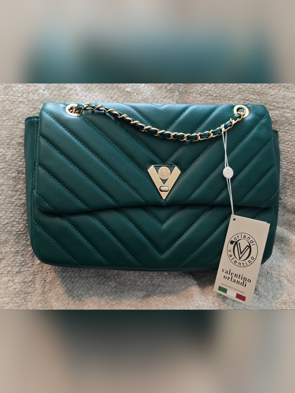 Valentino Orlandi Teal Quilted Shoulder Bag with Gold Chain